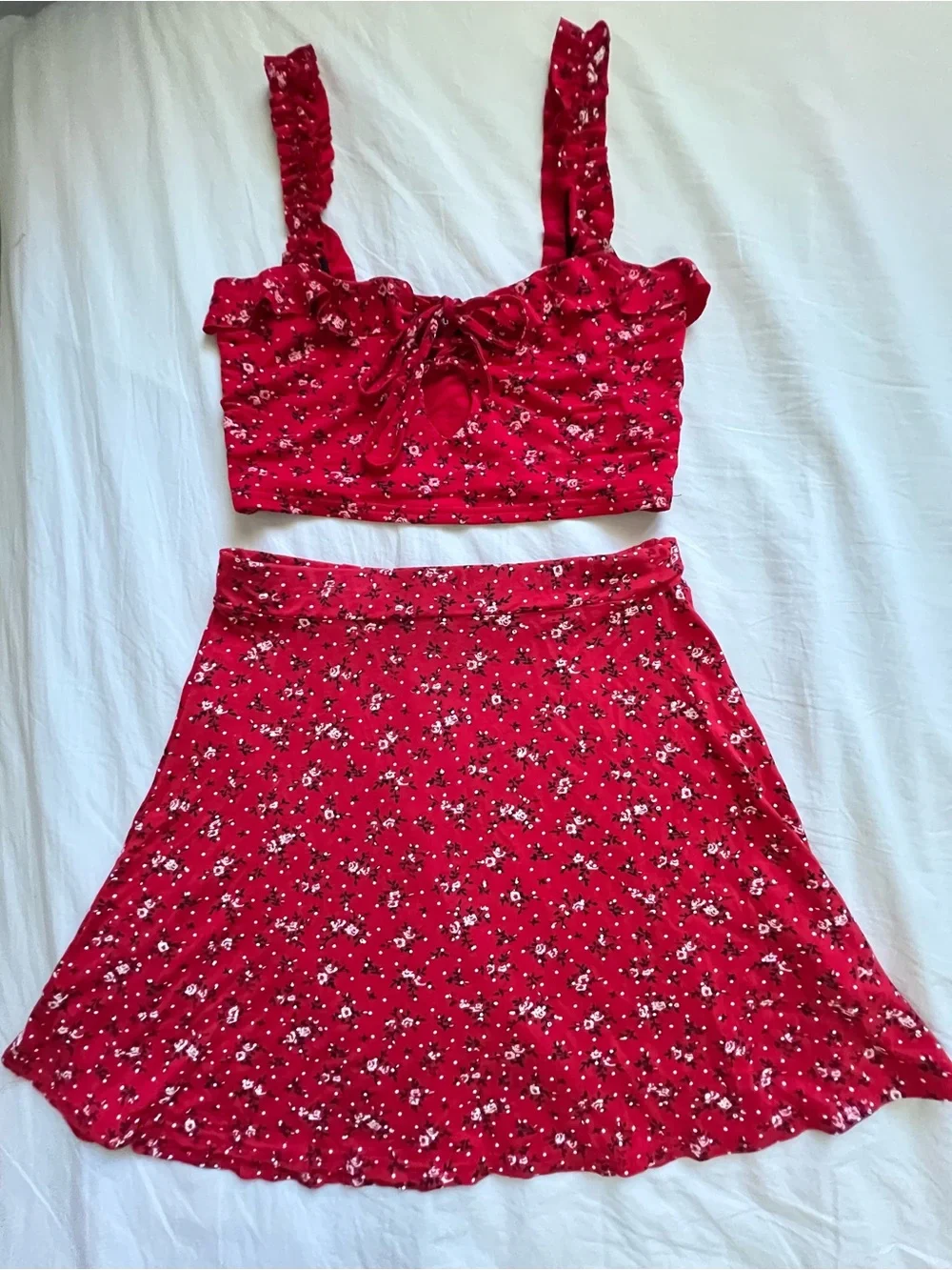 PrettyLittleThing Red Floral Two-Piece Skirt Set
